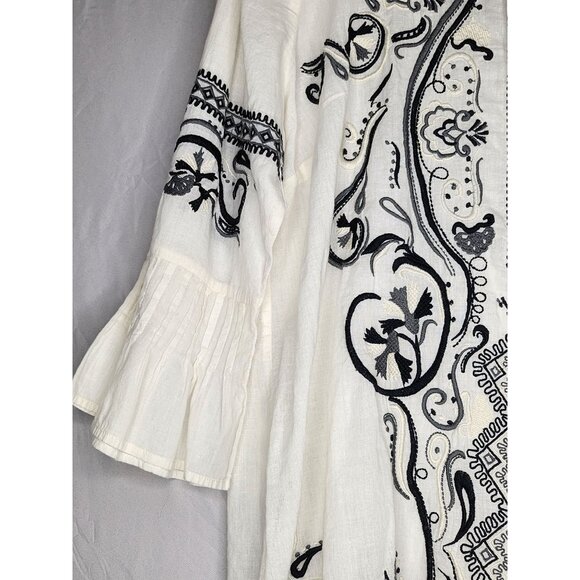 V Cristina Tunic Top, Women's Button Up White with Navy Embroidery, Three-Quarte - Picture 5 of 8